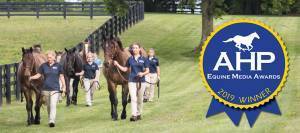 AHP 2019 Award Winner ribbon on top of photo of interns leading research horses to turnout.