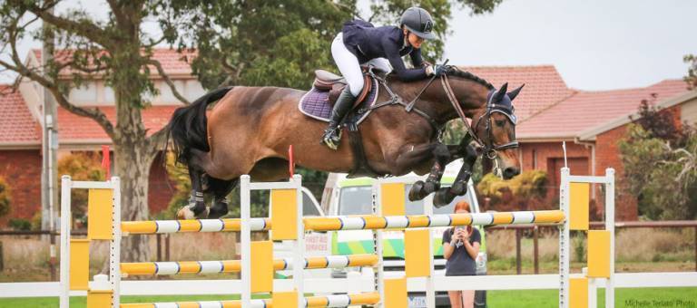 Amanda Ross and RLE Poynstown Will jumping at the PSI Dressage and Jumping with the Stars.