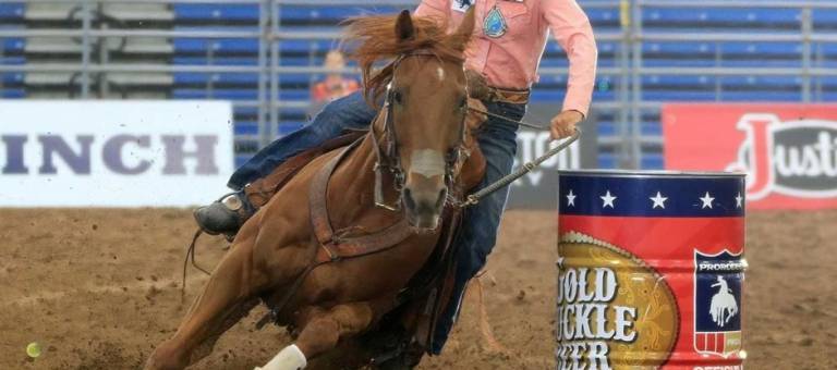 High Valor, with Dona Kay Rule riding, turns around a barrel during competition.